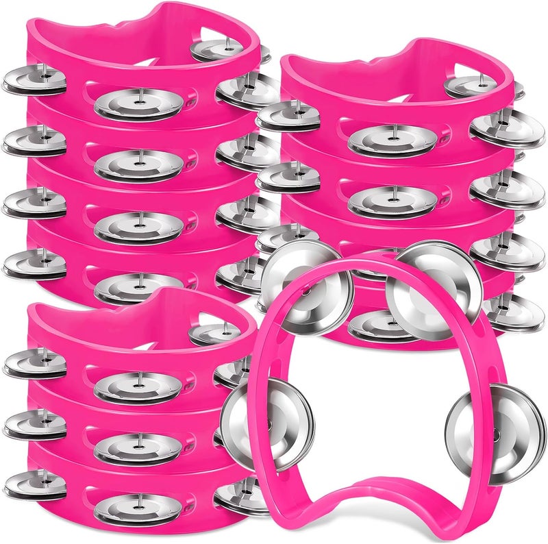 Lukmaa 12 Pcs Plastic Percussion Tambourine with 4 Bells Rhythm Musical Instruments for Adults Hand Tambourine Hand Held Percussion Drum for Party Kindergarten Family School Supplies (Pink) - Image 1
